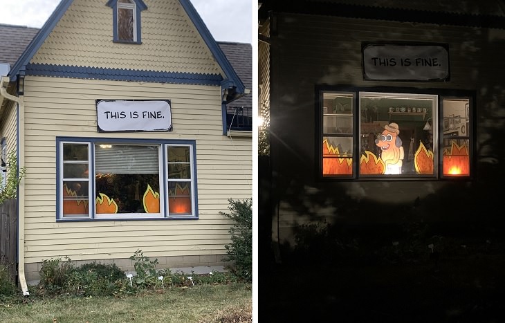 Creative and spooky halloween decorations from 2020, Paper flames in the window under a sign that says “this is fine”, at night reveals a cartoon dog inside it