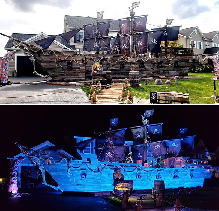Creative and spooky halloween decorations from 2020, Large pirate ship during the day and lit up at night with tentacles around
