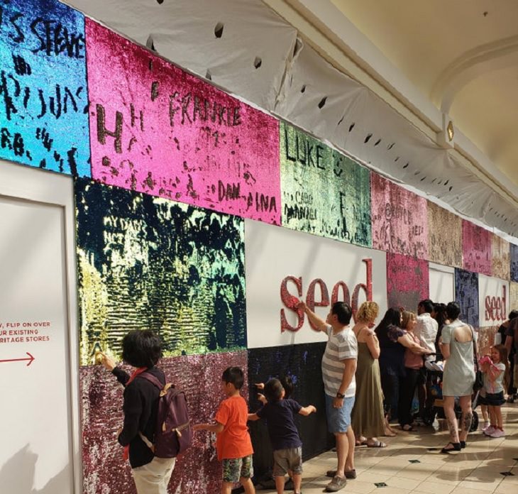 Innovative and unique creative designs and concepts from around the world, A wall made of colorful sequins for mall-goers to write messages on