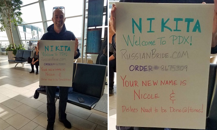 Clever and funny dads that win at parenting, Dad holding sign at airport for daughter referring to her as a Russian bride