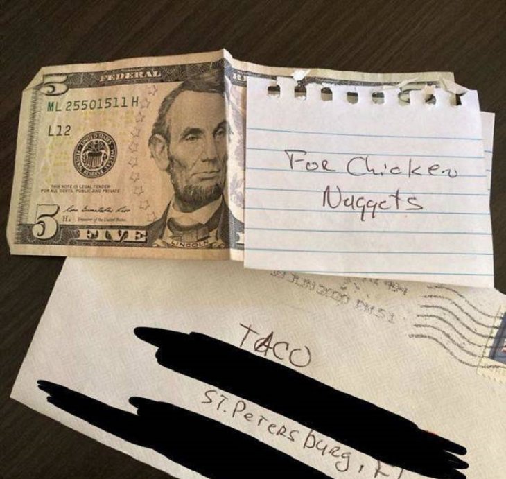 Clever and funny dads that win at parenting, Postcard and $5 bill with a note that says “For chicken nuggets”