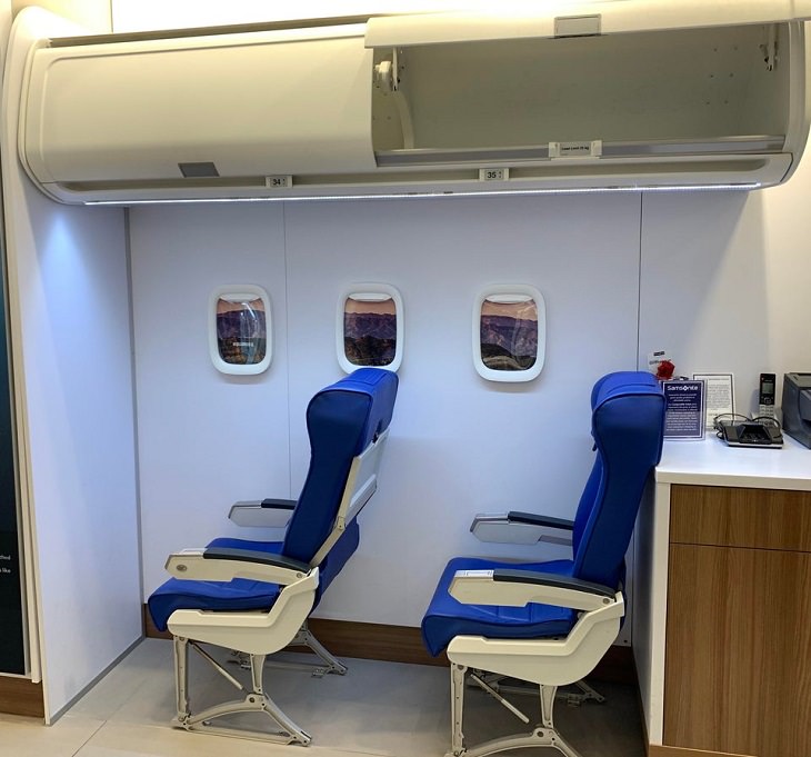 Innovative and unique creative designs and concepts from around the world, A life-size airplane set-up in a luggage store so customers can test out sizes for cabin-luggage