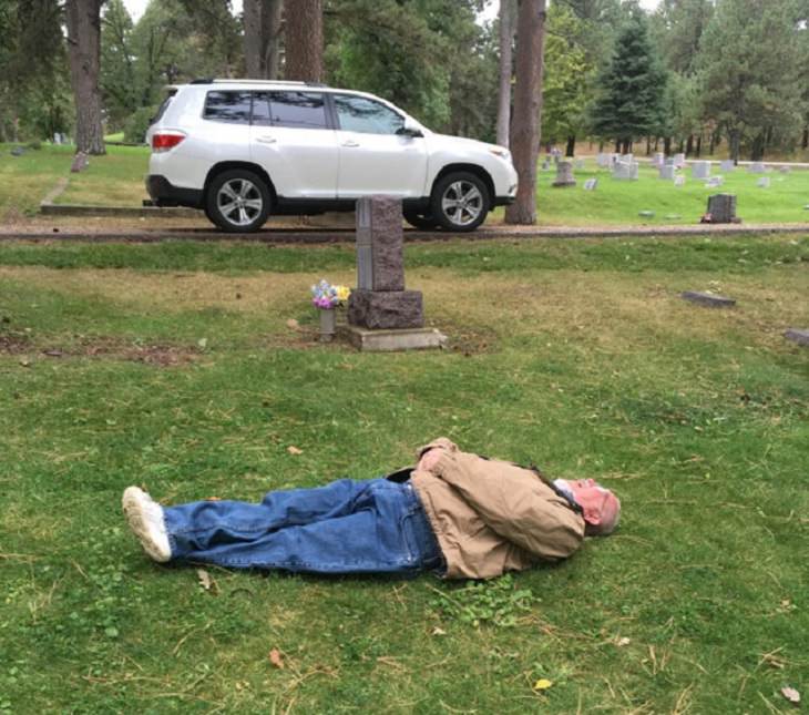 Clever and funny dads that win at parenting, Man lying down on grass in cemetery