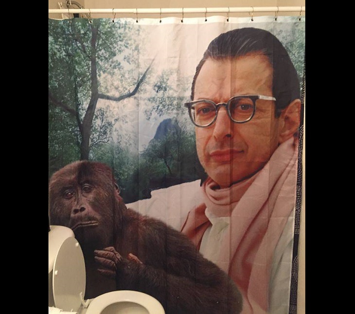 Clever and funny dads that win at parenting, Shower curtain of Jeff Goldblum holding a small chimp