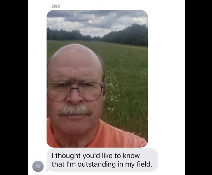 Clever and funny dads that win at parenting, Photograph of man standing in field followed by text saying “I thought you’d like to know im outstanding in my field.”