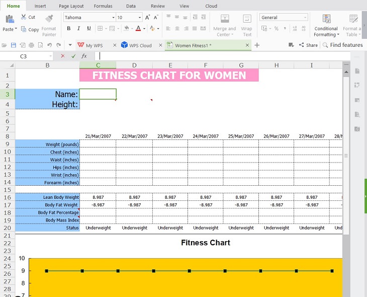 Flexible household uses for Microsoft Excel Spreadsheets, Excel template of Fitness Chart for Women