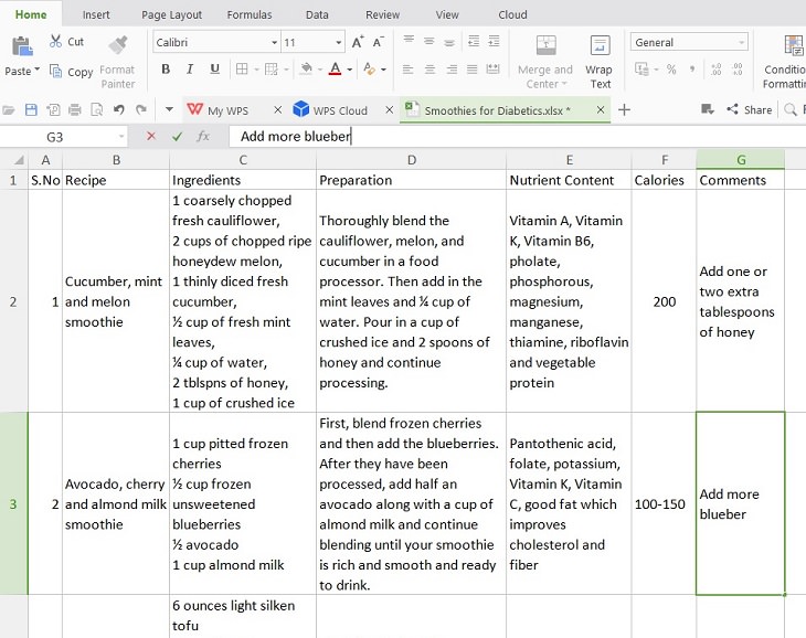 Flexible household uses for Microsoft Excel Spreadsheets, Excel chart of recipes for diabetic-friendly smoothies, with calorie and nutrient content