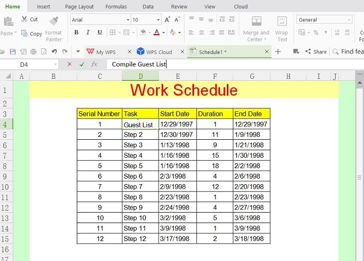 Flexible household uses for Microsoft Excel Spreadsheets, Excel template of a work/project schedule for planning events and parties
