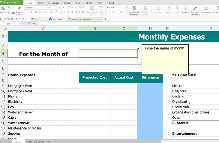 Flexible household uses for Microsoft Excel Spreadsheets, Excel template for family budgeting with different areas of expenditure included from house expenses to personal expenses