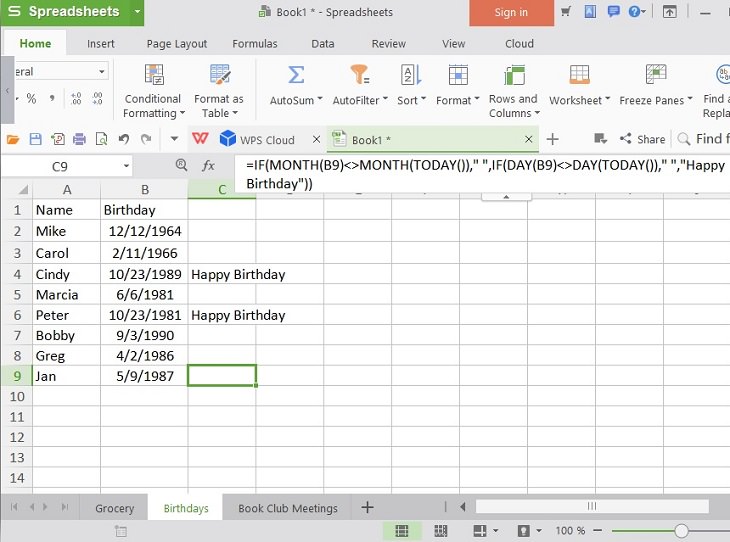 Flexible household uses for Microsoft Excel Spreadsheets, Excel sheet with birthdays listed showing code for setting birthday reminders