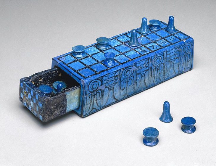 Oldest games played by ancient civilizations from around the world, Blue board box for ancient Egyptian game Senet