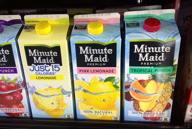 Common ingredients to be avoided in weight-loss smoothies, Cartons of different packaged Minute Maid lemonade drinks at a grocery store