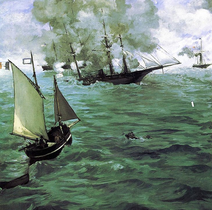 Marine art and paintings inspired by the sea, ships and sailing by famous artists, The Battle of the Kearsarge and the Alabama