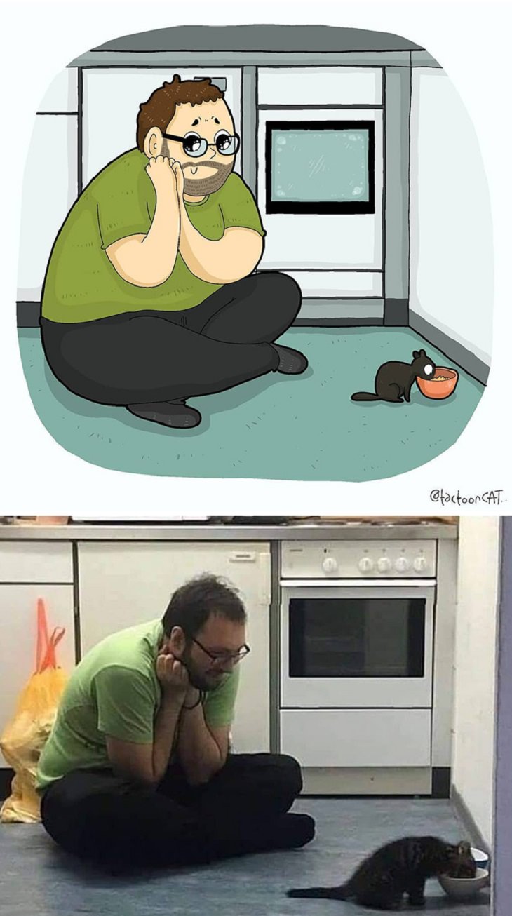 Cartoons of famous funny internet cats by Indonesian artist Tactooncat, Illustration and picture of a man in a green t-shirt watching a black kitten eat