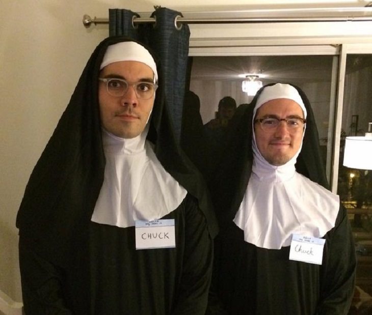 Hilarious and clever Halloween costumes based on puns and word play, Two men dressed as nuns with nametags that say “Chuck”