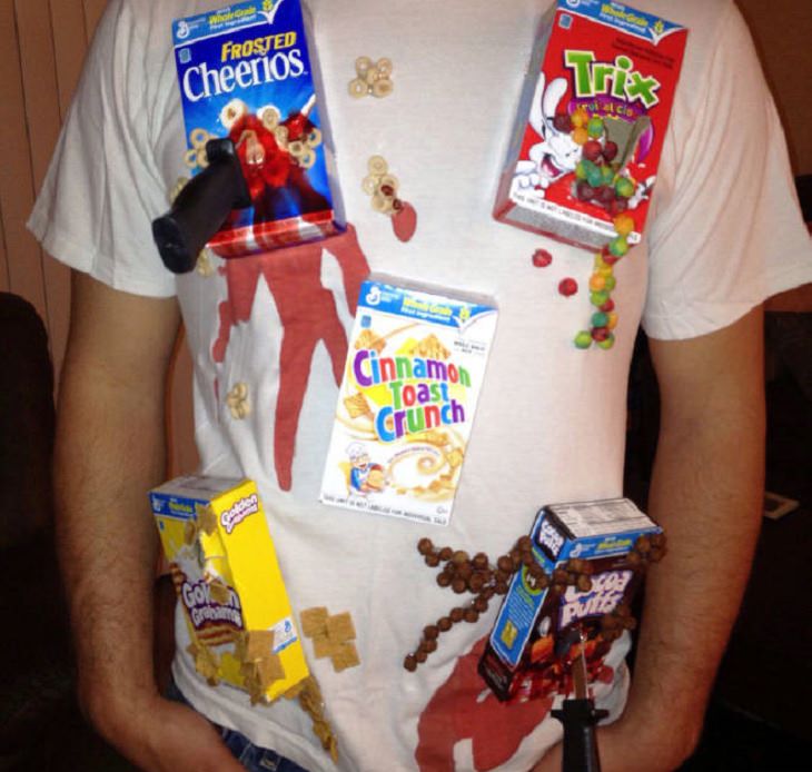 Hilarious and clever Halloween costumes based on puns and word play, Man with t-shirt with blood covered cereal boxes stuck to it