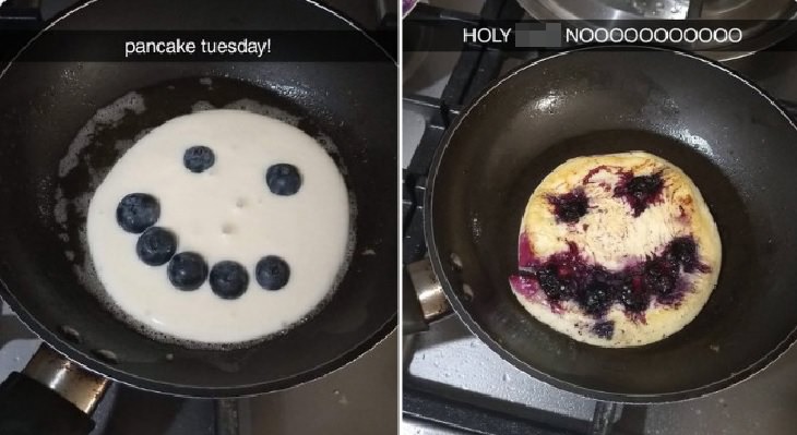 Hilarious cooking and baking fails, Blueberry smiley face pancakes flipped over looking creepy
