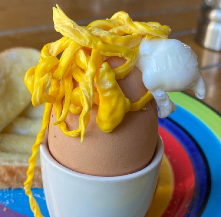 Hilarious cooking and baking fails, Boiled egg with streams of yolk and white coming out of the top