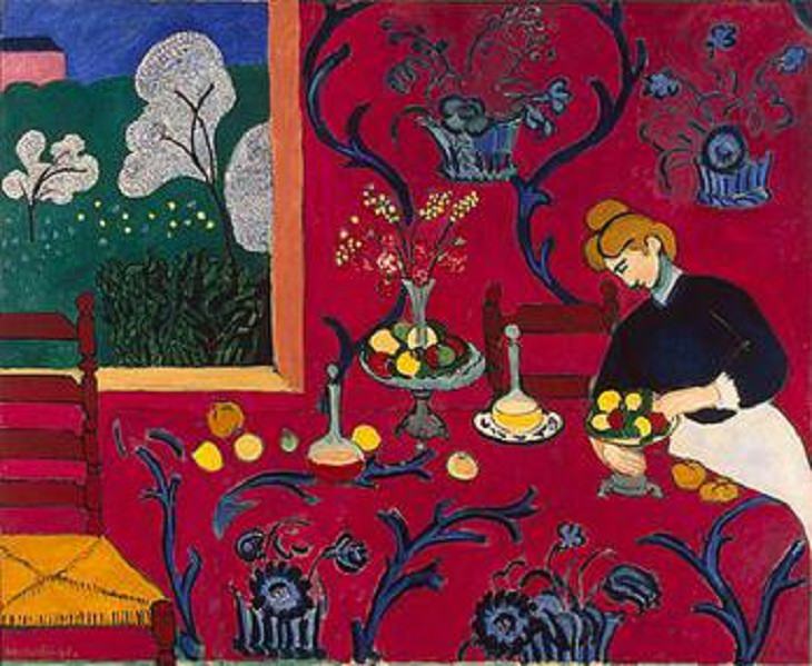 Beautiful and famous paintings by 19th and 20th century artist Henri Matisse, The Dessert: Harmony in Red (The Red Room), 1908