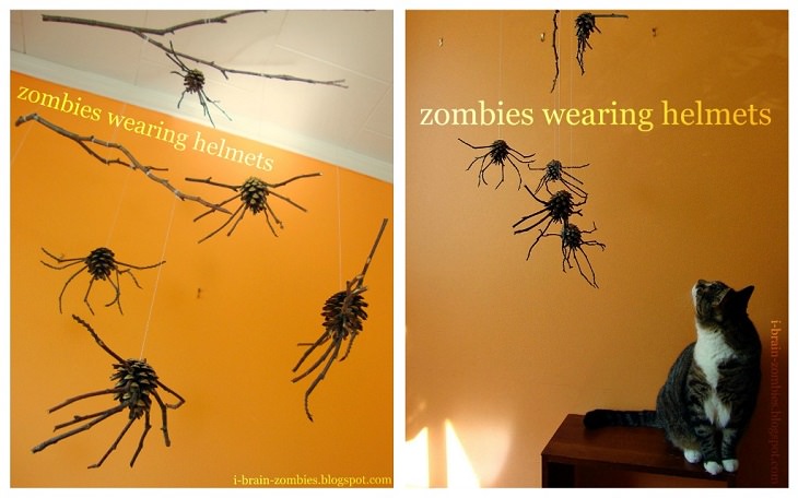 12 easy, fun and budget-friendly / cheap DIY and homemade Halloween decorations, pinecone spiders