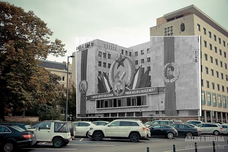 Photo Series titled “Ablak a múltra”, or “Window to the Past” by Hungarian Photographer Zoltán Kerényi, displaying from archived photographs of 20th century Budapest in the same location in the 21st century, The White House (formerly the headquarters for the Communist Party) on Jászai Mari Square, 1951 - 2015