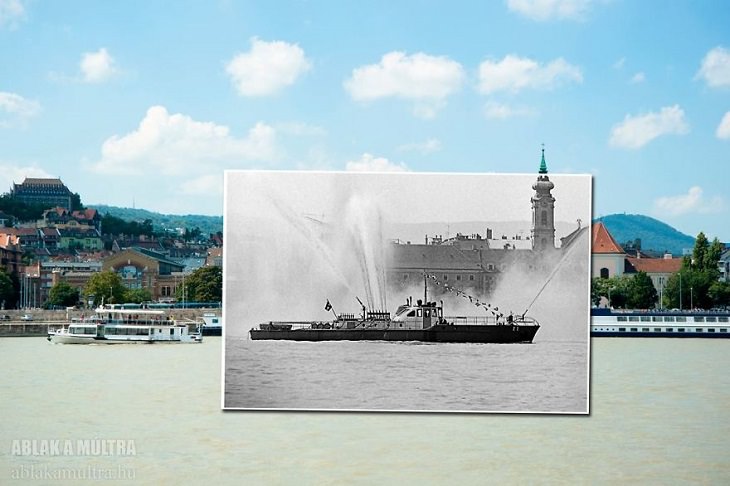 Photo Series titled “Ablak a múltra”, or “Window to the Past” by Hungarian Photographer Zoltán Kerényi, displaying from archived photographs of 20th century Budapest in the same location in the 21st century, A view of a ship on the Bem Wharf, in front of 18th Century Church of Saint Francis, 1979 - 2014