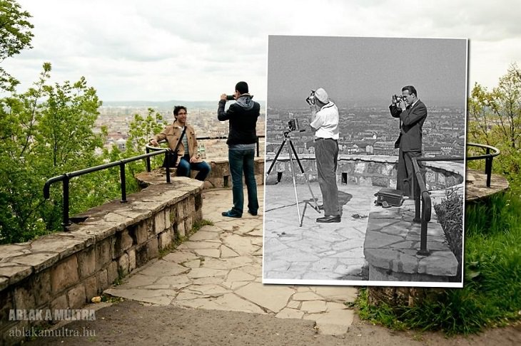 Photo Series titled “Ablak a múltra”, or “Window to the Past” by Hungarian Photographer Zoltán Kerényi, displaying from archived photographs of 20th century Budapest in the same location in the 21st century, men taking pictures on Gellért Hills, 1957 - 2014