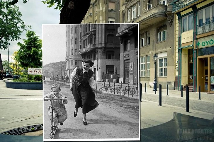 Photo Series titled “Ablak a múltra”, or “Window to the Past” by Hungarian Photographer Zoltán Kerényi, displaying from archived photographs of 20th century Budapest in the same location in the 21st century, woman running with a child on Dimitrov Square, known today as Fővám Square, 1948-2013