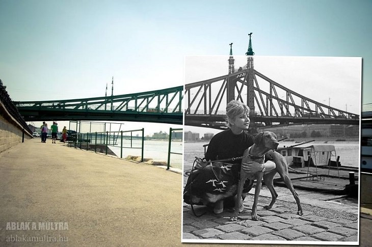 Photo Series titled “Ablak a múltra”, or “Window to the Past” by Hungarian Photographer Zoltán Kerényi, displaying from archived photographs of 20th century Budapest in the same location in the 21st century, Hungarian opera singer Erzsébet Házy with her dog in front of Freedom Bridge, 1967 - 2013