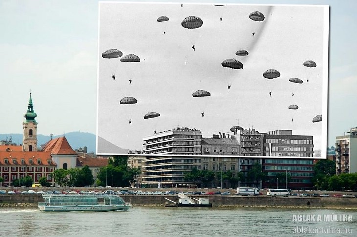 Photo Series titled “Ablak a múltra”, or “Window to the Past” by Hungarian Photographer Zoltán Kerényi, displaying from archived photographs of 20th century Budapest in the same location in the 21st century, Bem Wharf running alongside Csalogány Street, 1980 - 2011 with parachuters in the sky