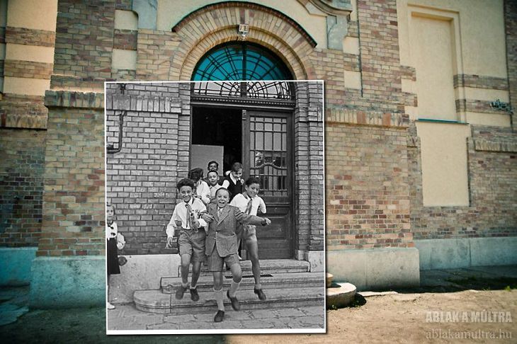 Photo Series titled “Ablak a múltra”, or “Window to the Past” by Hungarian Photographer Zoltán Kerényi, displaying from archived photographs of 20th century Budapest in the same location in the 21st century, children running out of the entrance of a primary school on Hermina Road, 1949 - 2014