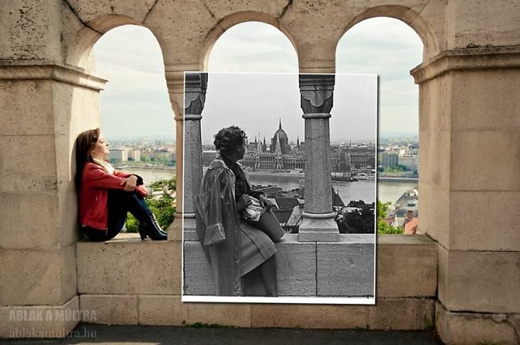 Photo Series titled “Ablak a múltra”, or “Window to the Past” by Hungarian Photographer Zoltán Kerényi, displaying from archived photographs of 20th century Budapest in the same location in the 21st century, women sitting under arch At Fisherman's Bastion on Castle Hill, 1962 - 2014