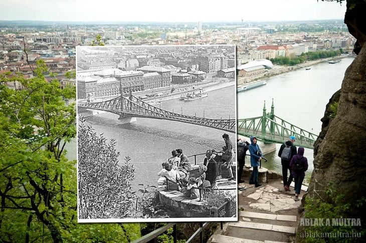 Photo Series titled “Ablak a múltra”, or “Window to the Past” by Hungarian Photographer Zoltán Kerényi, displaying from archived photographs of 20th century Budapest in the same location in the 21st century, The view of Freedom Bridge (also known as Liberty Bridge) from lookout point on Gellért Hills, 1961 - 2014