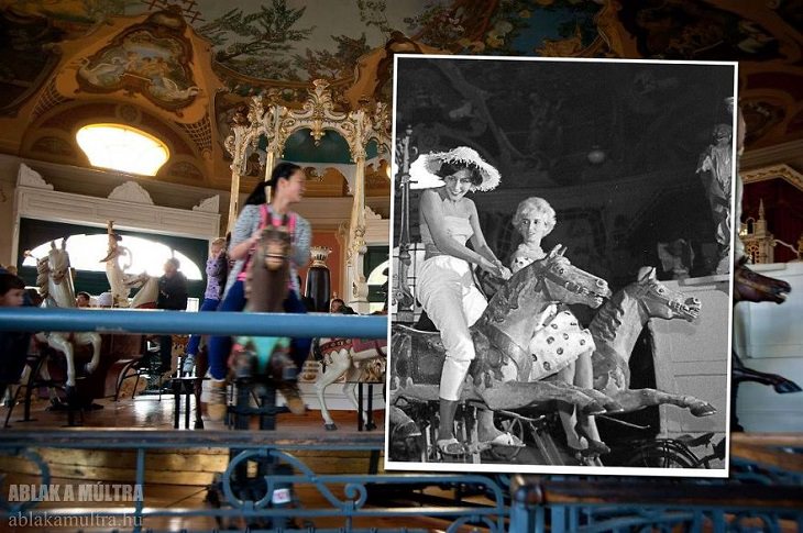 Photo Series titled “Ablak a múltra”, or “Window to the Past” by Hungarian Photographer Zoltán Kerényi, displaying from archived photographs of 20th century Budapest in the same location in the 21st century, people riding the Carousel at Vidam Park (closed since 2013), 1962 - 2012