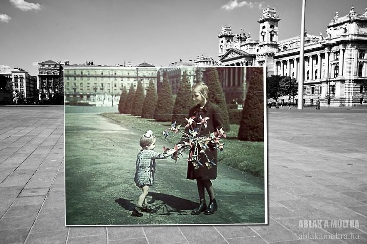 Photo Series titled “Ablak a múltra”, or “Window to the Past” by Hungarian Photographer Zoltán Kerényi, displaying from archived photographs of 20th century Budapest in the same location in the 21st century, small child handing flowers to a young girl in Kossuth Lajos Square, 1940 - 2014