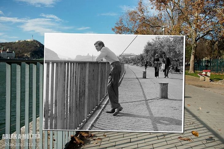 Photo Series titled “Ablak a múltra”, or “Window to the Past” by Hungarian Photographer Zoltán Kerényi, displaying from archived photographs of 20th century Budapest in the same location in the 21st century, man leaning on a railing in Nehru-Part (Park), 1970 - 2015