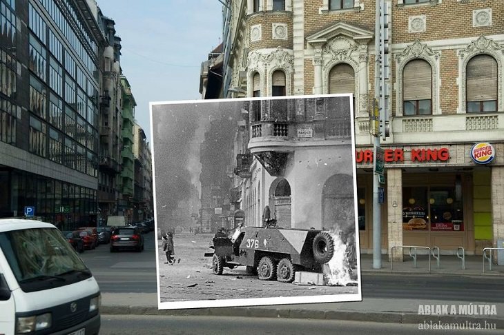 Photo Series titled “Ablak a múltra”, or “Window to the Past” by Hungarian Photographer Zoltán Kerényi, displaying from archived photographs of 20th century Budapest in the same location in the 21st century, tank that has collided with a building in Blaha Lujza Square on Rákóczi Road, 1956 - 2011