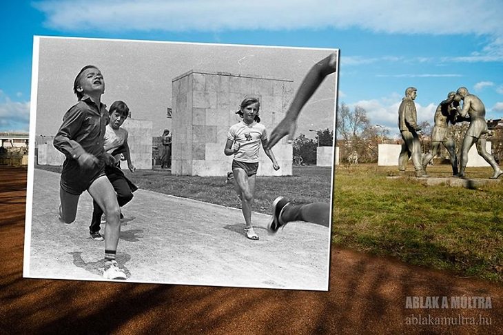 Photo Series titled “Ablak a múltra”, or “Window to the Past” by Hungarian Photographer Zoltán Kerényi, displaying from archived photographs of 20th century Budapest in the same location in the 21st century, children running Inside the Ferenc Puskás Stadium, 1975 - 2016