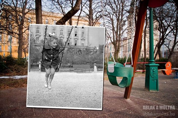 Photo Series titled “Ablak a múltra”, or “Window to the Past” by Hungarian Photographer Zoltán Kerényi, displaying from archived photographs of 20th century Budapest in the same location in the 21st century, little girl on swing at a children’s park on Villányi road, 1959 - 2013