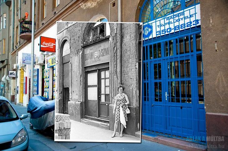 Photo Series titled “Ablak a múltra”, or “Window to the Past” by Hungarian Photographer Zoltán Kerényi, displaying from archived photographs of 20th century Budapest in the same location in the 21st century, woman standing in front of shop on Visegrad Street, 1968 - 2014