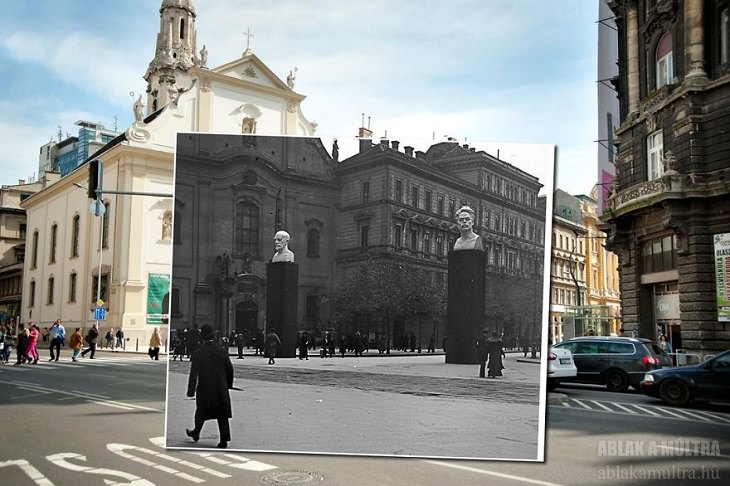 Photo Series titled “Ablak a múltra”, or “Window to the Past” by Hungarian Photographer Zoltán Kerényi, displaying from archived photographs of 20th century Budapest in the same location in the 21st century, A view of the Franciscan Church in V. Ferenciek Square (also known as the Snake Square), 1919 - 2014