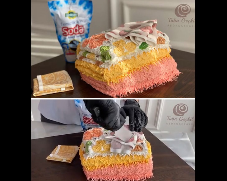 Realistic and Delicious cake art by Turkish chef Tuba Gelick, pile of hand towels cake