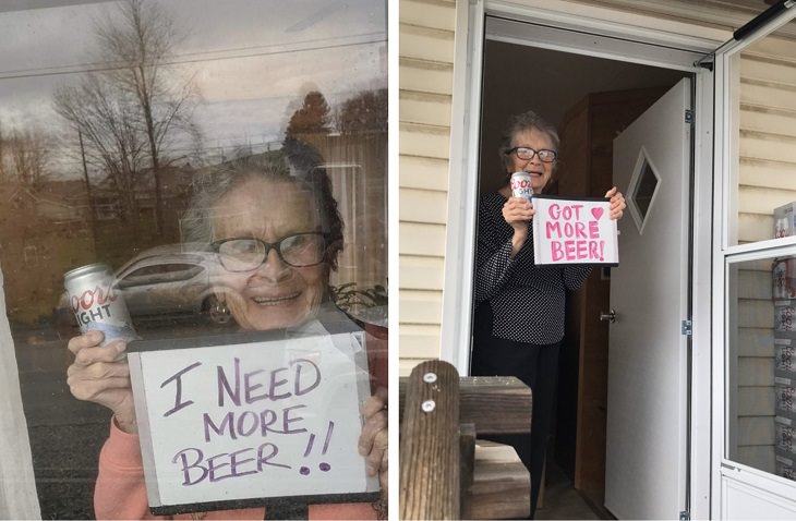 Funny signs related to the quarantine and lockdown caused by the COVID-19 (coronavirus) pandemic, Old lady holding up a beer can and a sign saying “I need more beer”, then holding a beer can and a sign saying “Got more beer”.