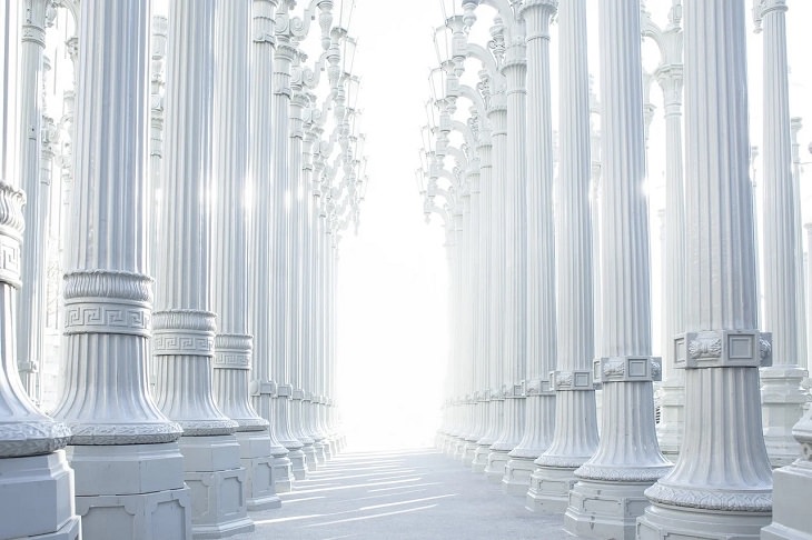 Meanings and symbolism of various colors in different countries and cultures, long rows of clean white columns, white