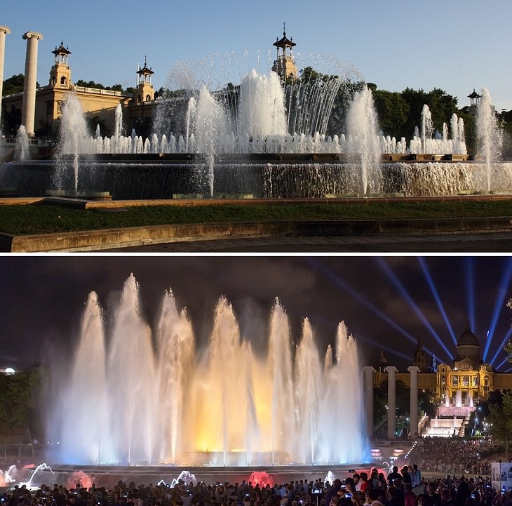 Beautiful and famous fountains found all around the world, The Magic Fountain of Montjuïc, Barcelona, Spain (Day and Night)