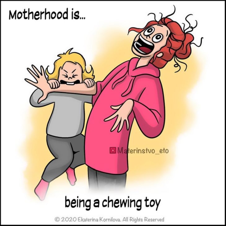 Cute Illustrations and comics on motherhood by Katya, Moms arm being bitten by child