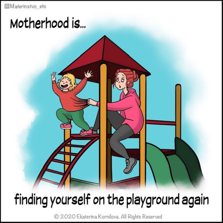 Cute Illustrations and comics on motherhood by Katya, Tired mother on playground with child