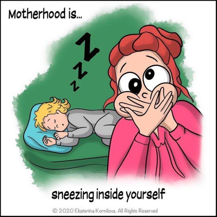 Cute Illustrations and comics on motherhood by Katya, Mom holding in sneeze while child sleeps