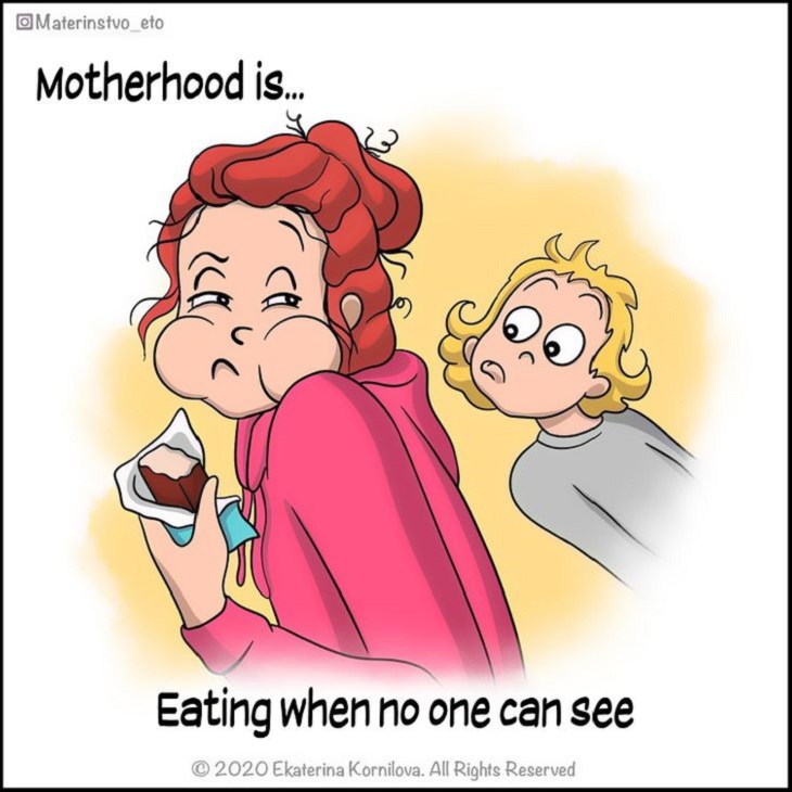 Cute Illustrations and comics on motherhood by Katya, Mother eating as child looks over shoulder