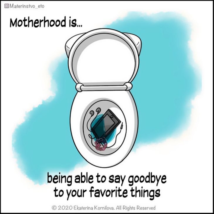 Cute Illustrations and comics on motherhood by Katya, Phone and devices in toilet